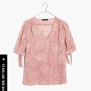 Madewell Silk V-Neck Tie-Sleeve Top in Pindot Blooms, M, NWT